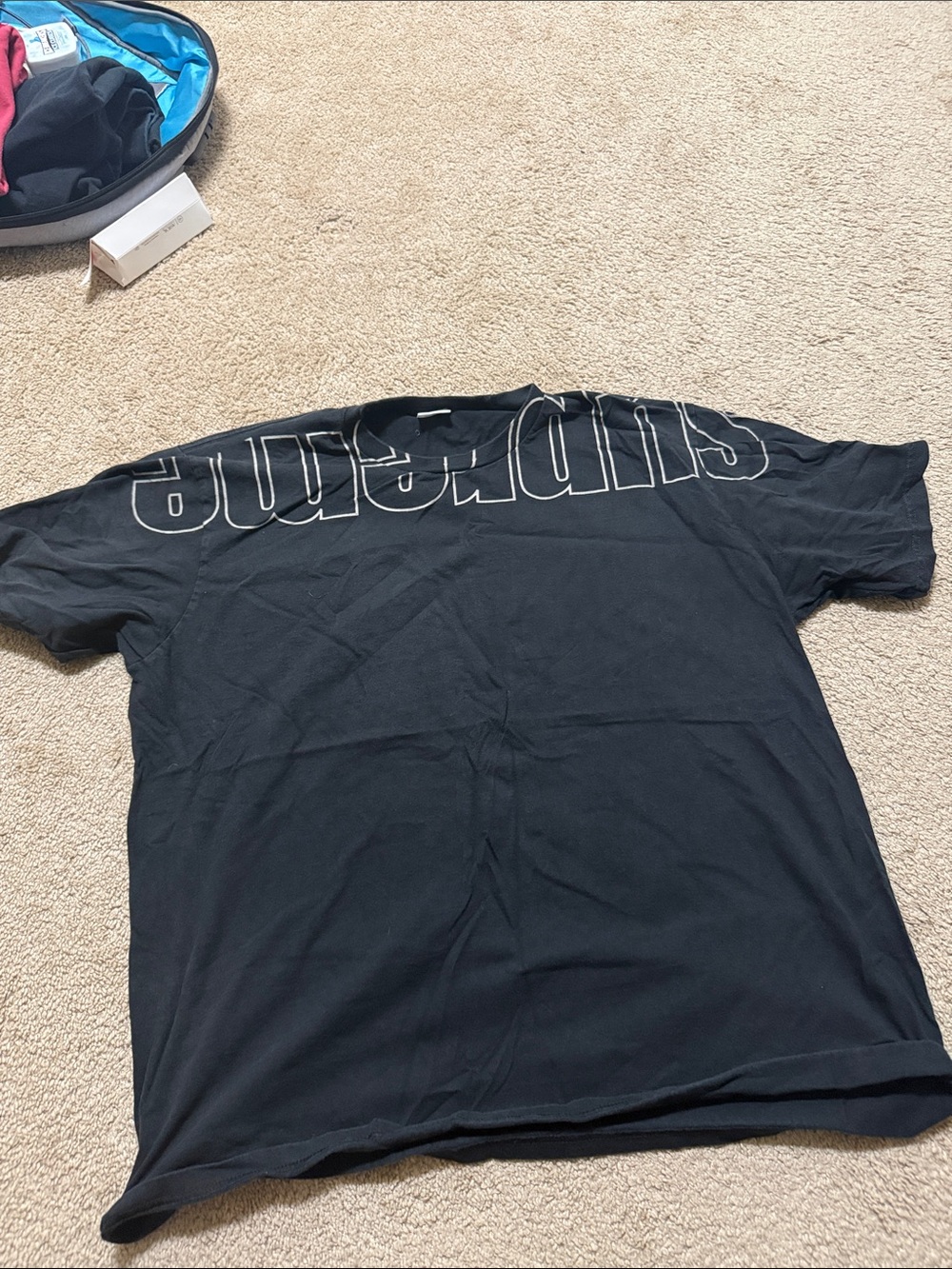Supreme Black Tee with White Outline Shoulder Logo